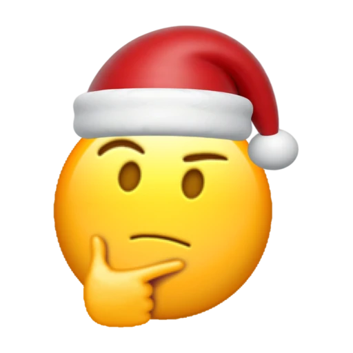 Thinking emoji face wearing a red Santa hat on a transparent background.