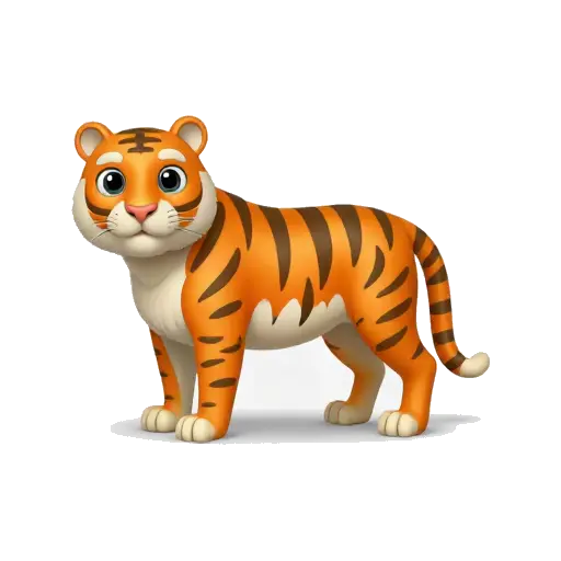 One orange tiger standing in three-quarter view with clean black stripes, white muzzle, round ears, and a long tail, no background.