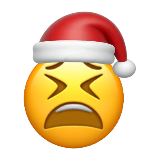 Tired emoji face wearing a red Santa hat on a transparent background.