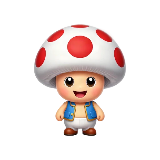 Red-spotted mushroom character in blue vest emoji