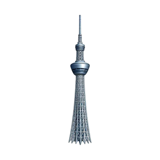 tall silver lattice tower and two circular observation decks, depicting Tokyo Skytree.