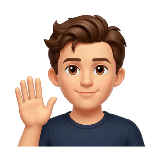 Tom Holland raising one open hand beside his shoulder in a friendly wave, wearing a dark blue crew-neck shirt