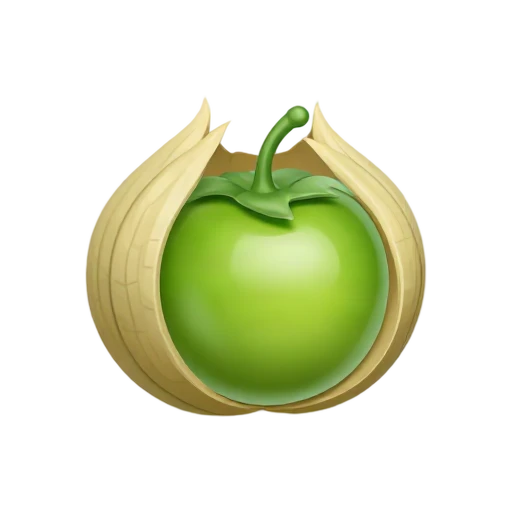 Green tomatillo with papery husk and small leaf