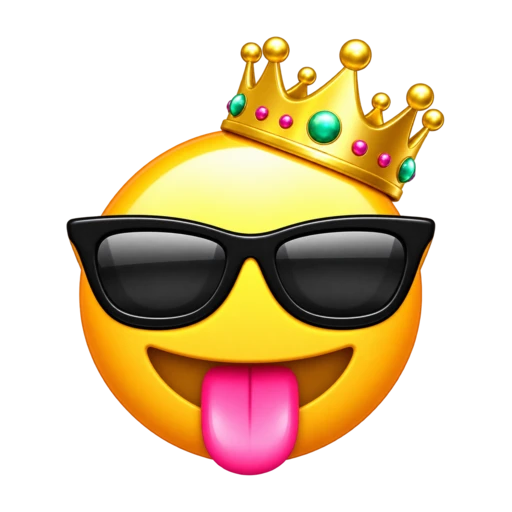 Yellow face with tongue out wearing black sunglasses and a gold crown