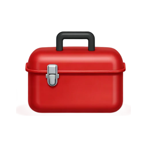 One red metal toolbox with black handle and silver latch, front three-quarter view, no tools, shadow, or scenery.