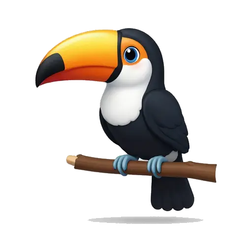 One toucan perched on a short branch with a huge colorful orange beak, black body, white throat, and blue eye ring, no background.
