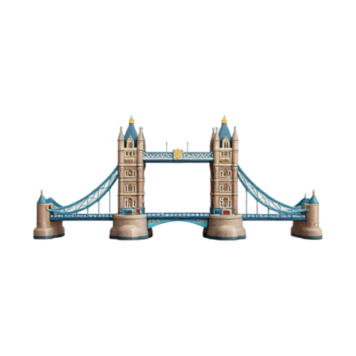 twin Gothic stone towers and blue bascule spans, depicting Tower Bridge.