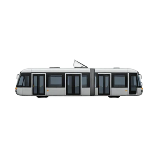 Tram with long articulated passenger body and large side windows