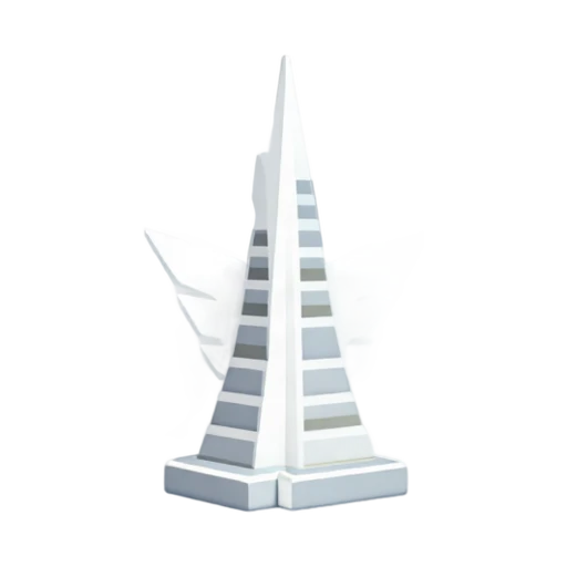 tapering white pyramid tower and angular projecting wings, depicting Transamerica Pyramid.