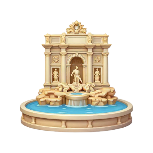 ornate pale stone fountain and bright blue pool, depicting Trevi Fountain.