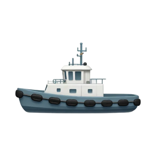 Tugboat with short chunky hull and tall compact wheelhouse