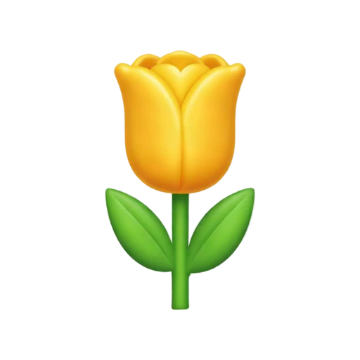 One bright yellow tulip with green stem and two leaves, no ground, shadow, or scenery.
