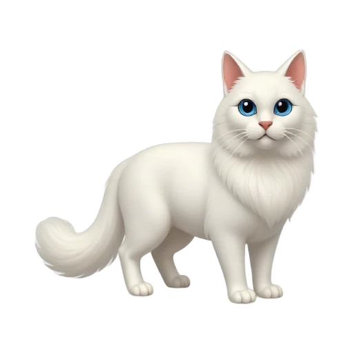 White Turkish Angora cat with silky fur, plumed tail, and blue eyes