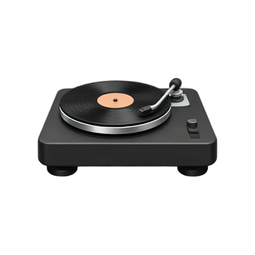 One black turntable with a vinyl record and silver tonearm, clean top three-quarter view, no table, shadow, or scenery.