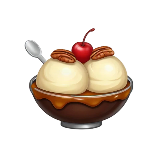 Turtle sundae with pecans and cherry emoji