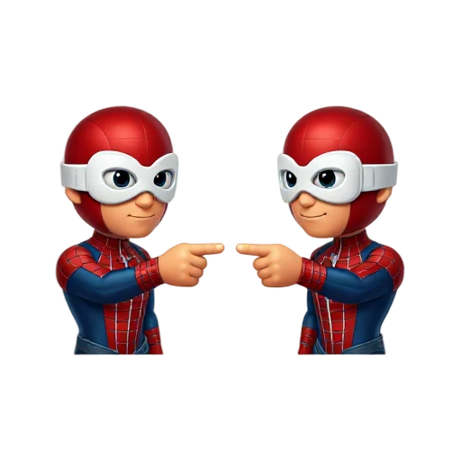 Two web-suited heroes pointing at each other emoji