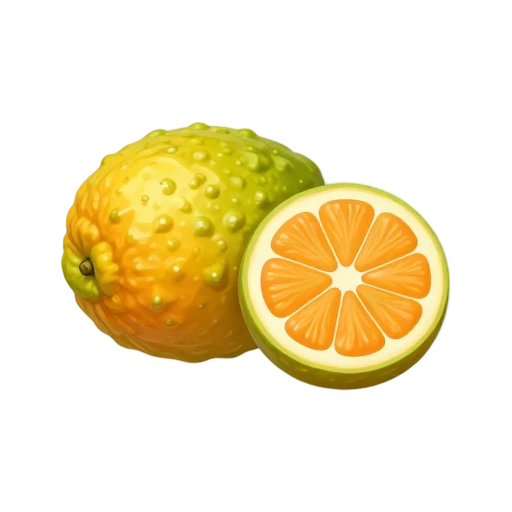 Wrinkled green-yellow ugli fruit with orange citrus interior
