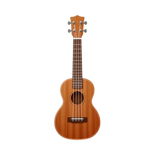Ukulele with compact honey-brown guitar body and four visible strings