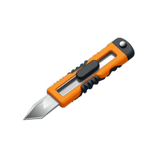 Utility Knife with short trapezoidal steel blade and ridged retractable handle