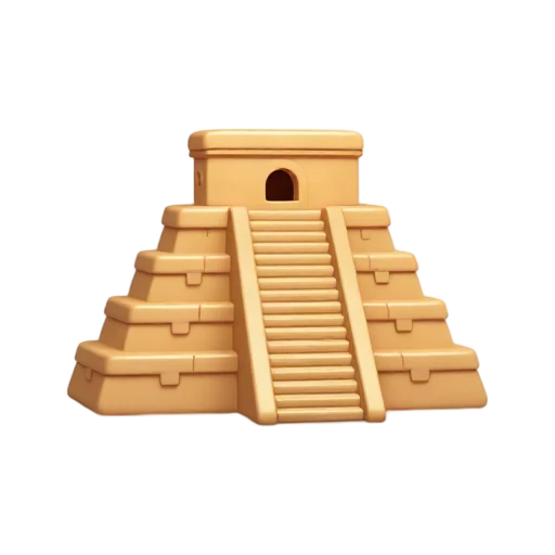 rounded stepped Mayan pyramid and steep central staircase, depicting Uxmal Pyramid of the Magician.