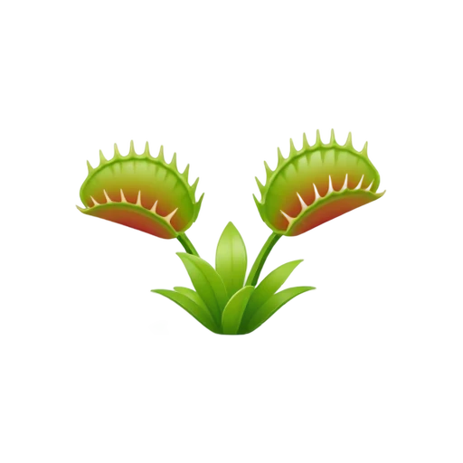Venus Flytrap with two open toothed green trap leaves and red inner trap surfaces