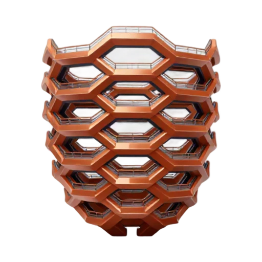 copper honeycomb staircase and stacked open landings, depicting Vessel New York.