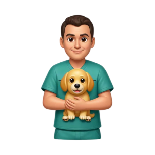 Veterinarian in teal scrubs holding a puppy