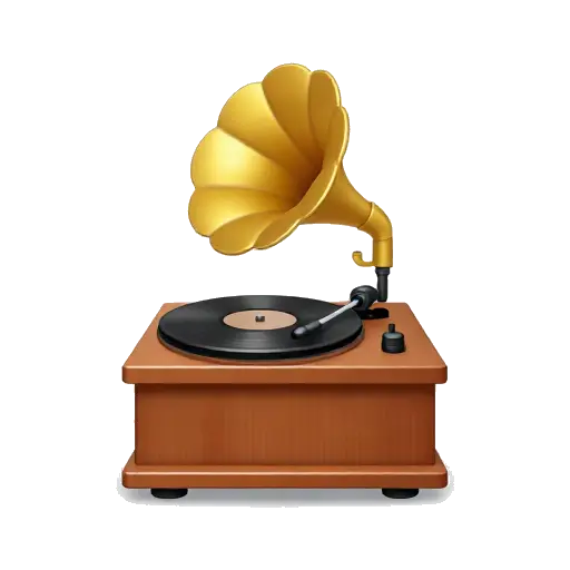 Vintage wooden record player with a golden gramophone horn