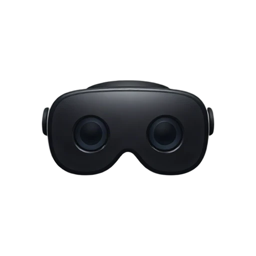 One sleek black virtual reality headset in front three-quarter view, two dark lenses, no head, shadow, or scenery.