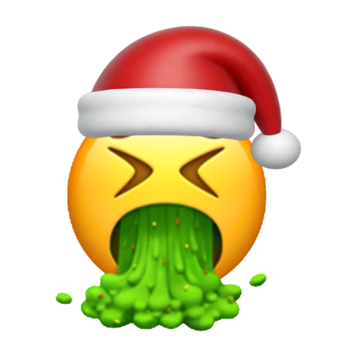Vomiting emoji face wearing a red Santa hat on a transparent background.
