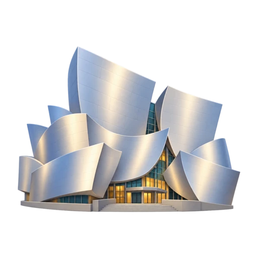 overlapping silver metal curves and sweeping sail-like panels, depicting Walt Disney Concert Hall.