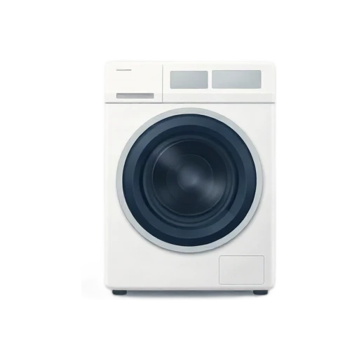 One compact white front-loading washing machine, round dark glass door, simple top control panel with no text, front three-quarter view, no laundry, room, shadow, or scenery.