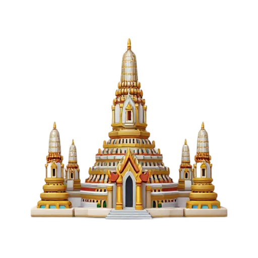 tall decorated central prang and smaller pointed temple towers, depicting Wat Arun.