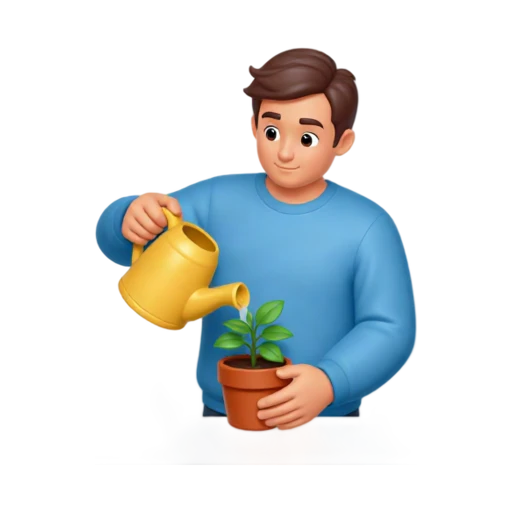 Person watering a small green houseplant