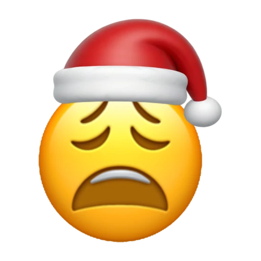 Weary emoji face wearing a red Santa hat on a transparent background.