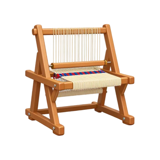 Weaving Loom with rectangular wooden frame and vertical cream warp threads