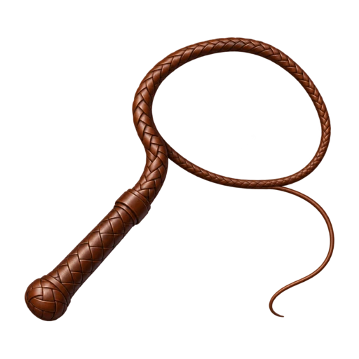 Coiled braided brown leather whip with a short handle and thin tapering tail