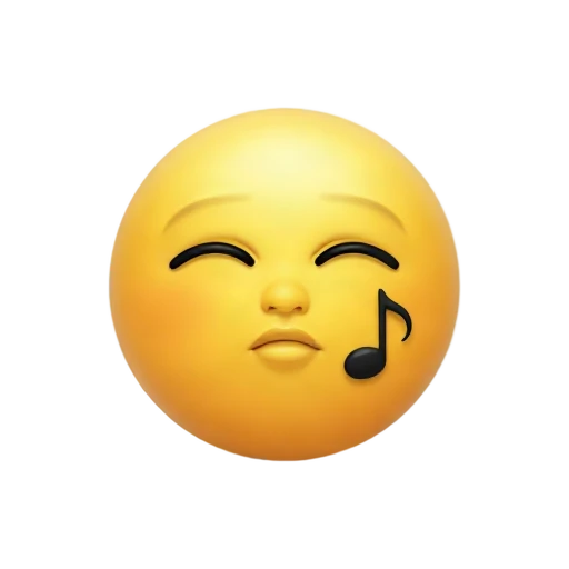 Yellow face with pursed lips and a tiny musical note