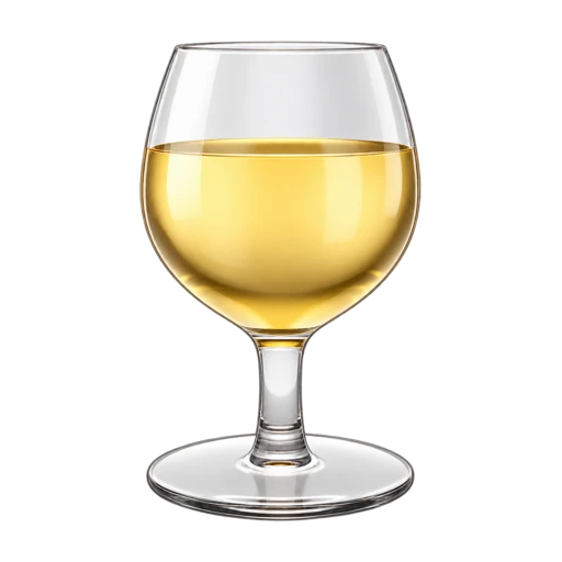 Stemmed glass filled with pale golden white wine
