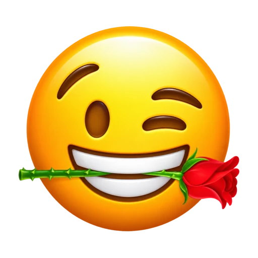Winking yellow face holding a red rose in its mouth