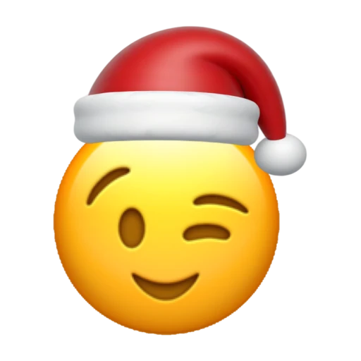 Winking emoji face wearing a red Santa hat on a transparent background.