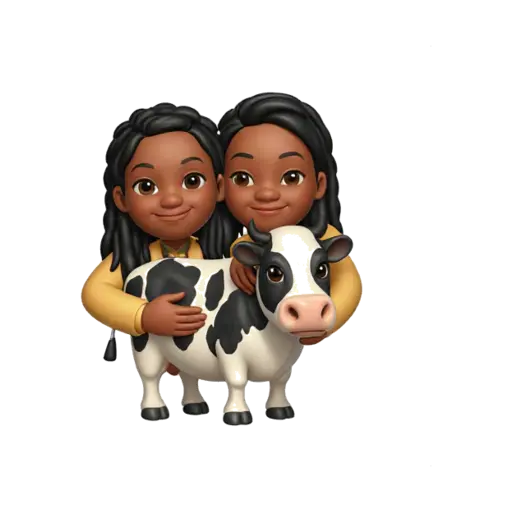 Dark-skinned woman with braids hugging a black-and-white cow