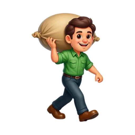 Worker carrying a tan canvas sack