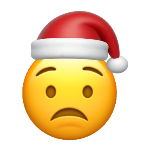Worried emoji face wearing a red Santa hat on a transparent background.