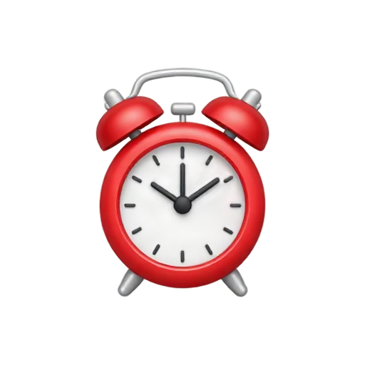 Red twin-bell alarm clock showing seven o'clock