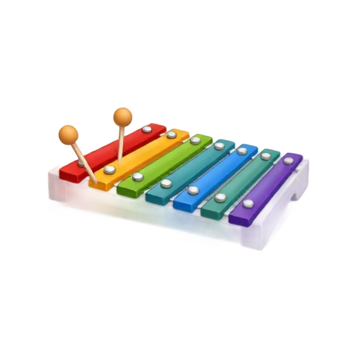 One small rainbow xylophone with eight colored bars and two wooden mallets, no hand, shadow, or scenery.