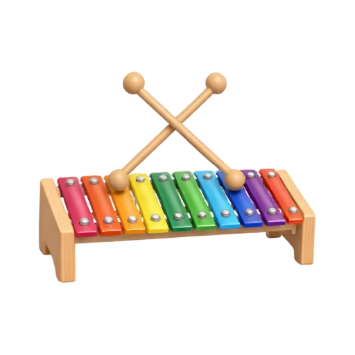 Xylophone with row of colored wooden bars and two short mallets crossed above bars