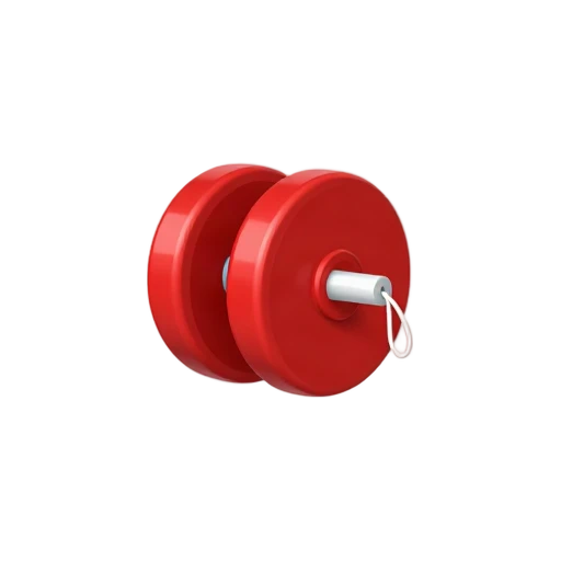 Yo-Yo with two glossy red circular halves and thin white string wound around axle