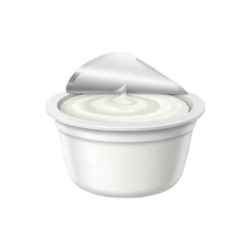 White yogurt tub with creamy yogurt and foil lid partially peeled back