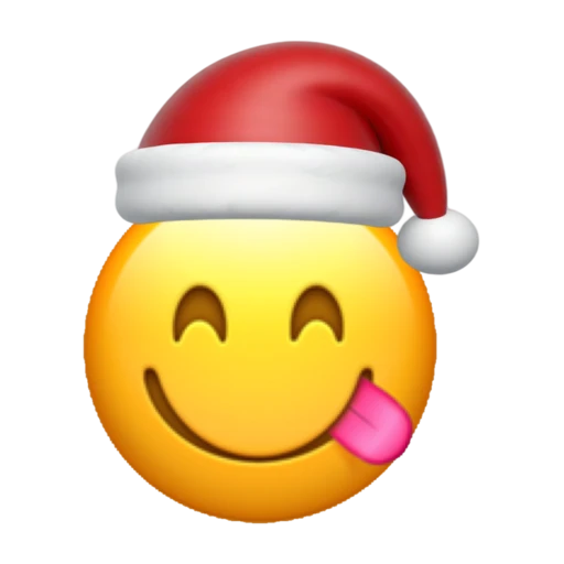 Yummy emoji face wearing a red Santa hat on a transparent background.